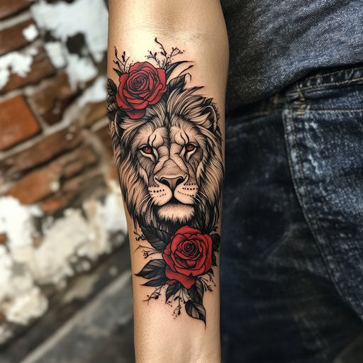 Lion forearm tattoo with gothic roses, Ed Hardy style