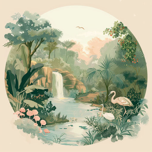 Peaceful and idyllic Garden of Eden, flat tattoo sketch in pastel clipart style