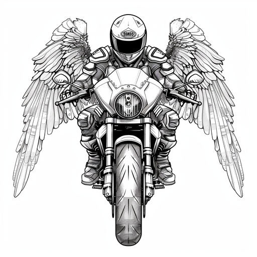 Dotwork tattoo of Archangel with futuristic motorcycle