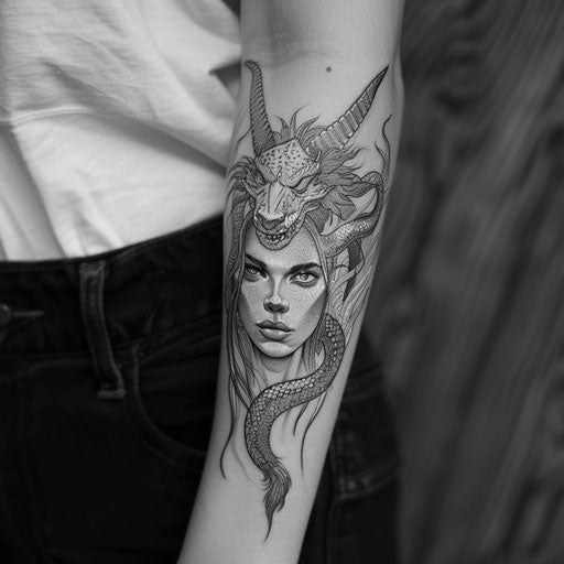 Forearm tattoos for women, David Palumbo style, mythical creatures