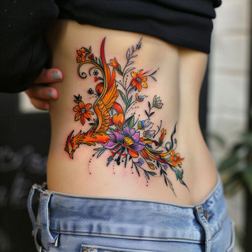 Wildflower tattoo with phoenix, fiery colors, dynamic composition, mythical