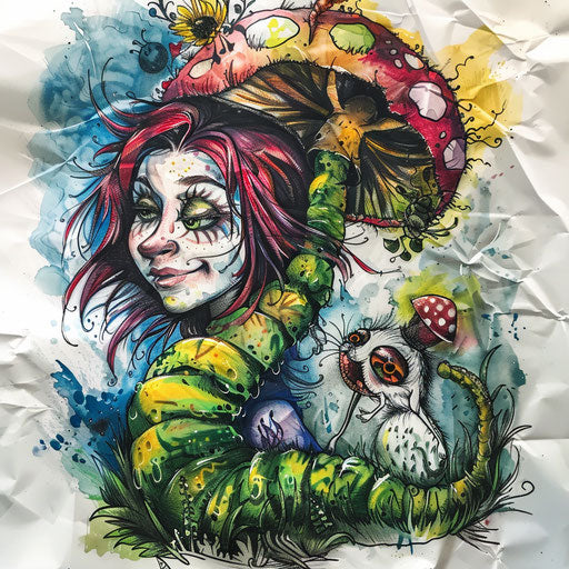 Concept art for a tattoo of Alice and the Caterpillar, with psychedelic colors, on a white background