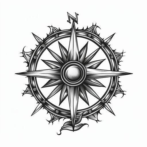 Flat tattoo sketch of a nautical compass with detailed cardinal points in bold black and gray