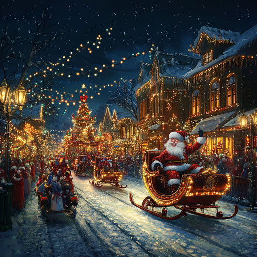 Festive parade with light-covered floats, Santa and bands