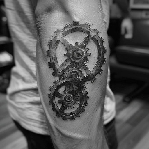 Simple tattoos for men of a gear, in the style of Adrian Smith