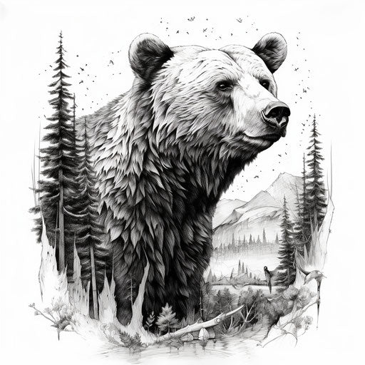Bear drawing with a pencil and trees