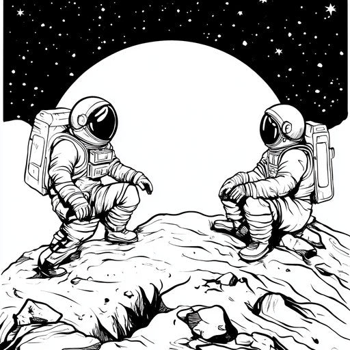 Astronauts exploring space in the style of Walt Handelsman coloring book