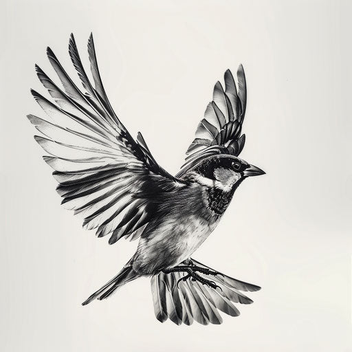Sparrow in flight, detailed feather texture, black and gray on white.