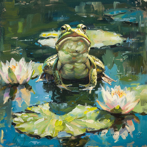 Frog on a lily pad in a sun-dappled pond, ready to leap