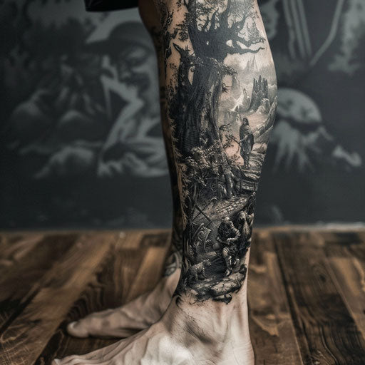 Epic leg tattoo inspired by a mythological journey
