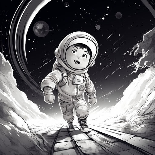 Child in space adventure, minimalist monochrome