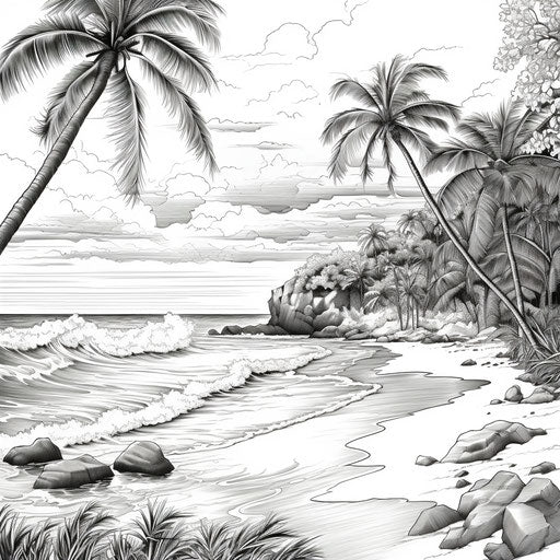 Coloring pages drawing on B&W ocean beach sunset David Finch style
