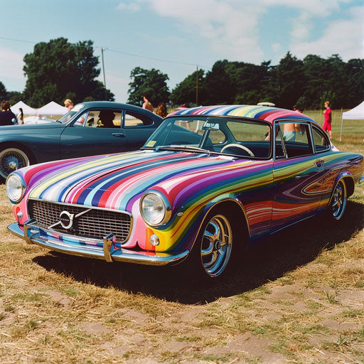 1966 Volvo P1800 with psychedelic paint at a music festival