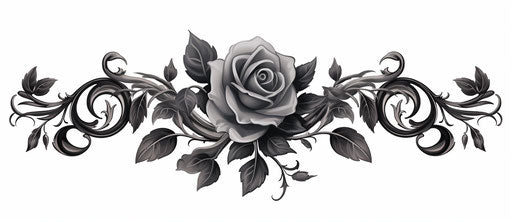 Black rose tattoo in rococo style, made of vines