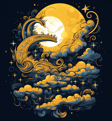 Sleeping moon and clouds vector, bold line work style, colorized, lunarpunk, hand-drawn animation, christcore, light bronze and yellow 59:64