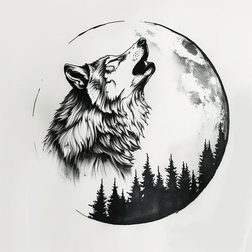 Wolf howling at the moon curse mark tattoo, symbolizing wilderness and freedom, in black and white on white background.