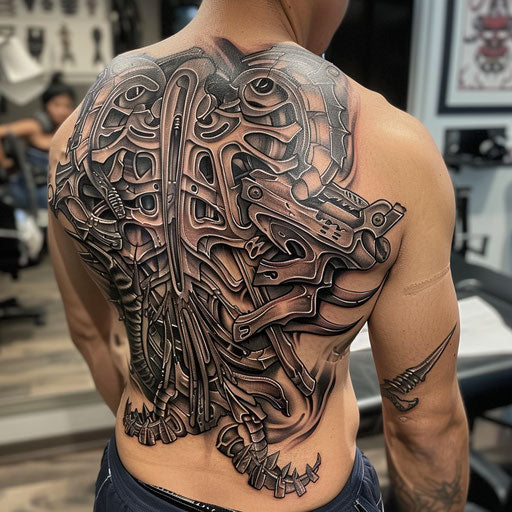 Tattoo of biomechanical elements symbolizing inner strength