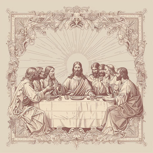 The Last Supper in flat tattoo sketch style, with delicate patterns and soft colors