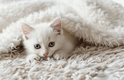White kitten on white wool blanket, light pink and dark brown