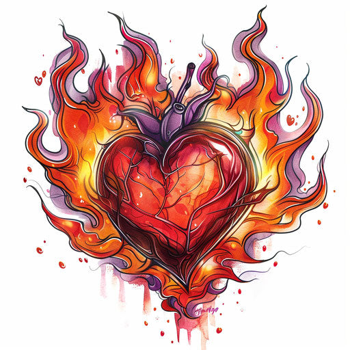 Dramatic sketch of a flaming ruby heart, clipart style