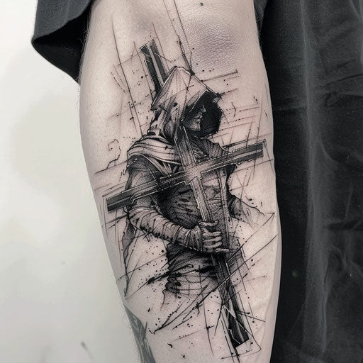 Dynamic cross tattoo for men with heroic symbols