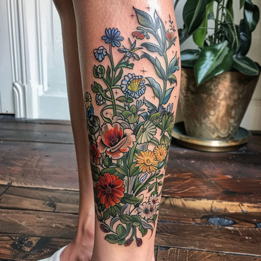 Calf tattoo with floral designs