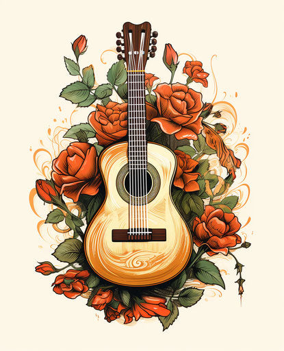 Acoustic guitar with roses and sun, naive drawing