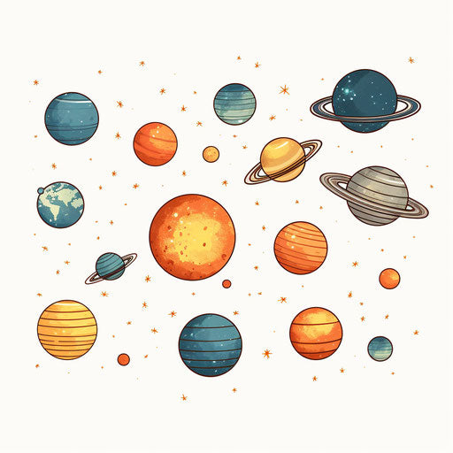 Solar System Clipart in the Style of Chiaroscuro Art, on a White Background