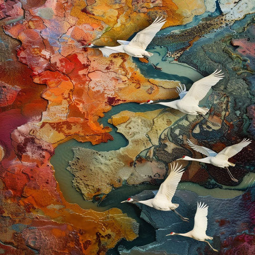 Migrating whooping cranes above a colorful landscape