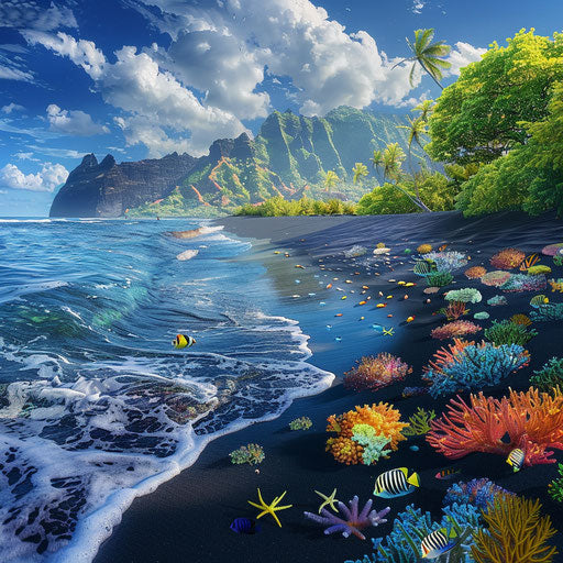 Black sand beach with vibrant coral reefs and colorful fish