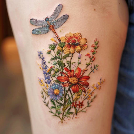 Wildflower tattoo with dragonfly, vibrant colors, detailed wings, nature theme