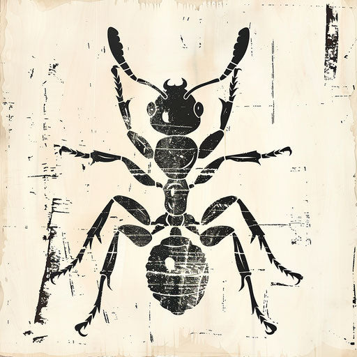 Rustic flat tattoo sketch of an ant with woodcut style