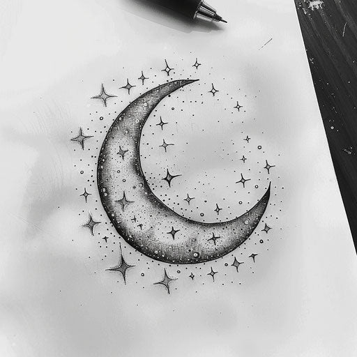 Crescent moon surrounded by twinkling stars, tattoo design on white background