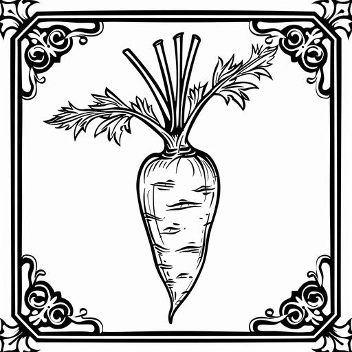 Bold outline of a carrot with a decorative border. Coloring book page