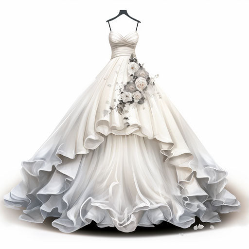 Wedding gown illustration in the style of Chiaroscuro Art, on white background