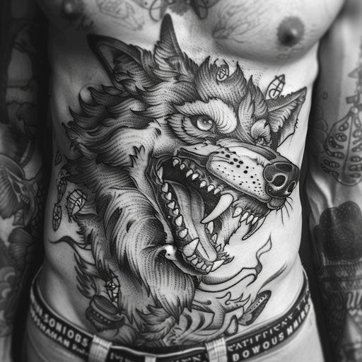 Stomach tattoos of a wolf, in the style of David Palumbo