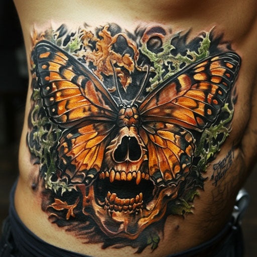 Skull butterfly tattoo on ribcage with a dark fantasy twist