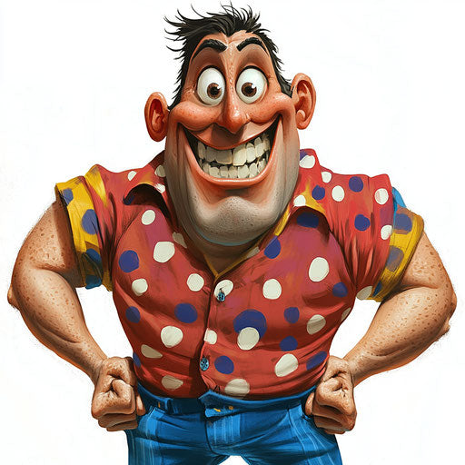 Humorous caricature of a cheerful clipart image with human characteristics, exaggerated dimpled chin, muscular arms, polka-dotted, vibrant colors, cartoon style, surprised, high resolution, no background, isolated
