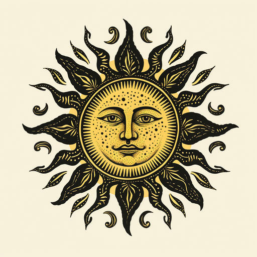 Sun drawing page with face, tattoo style, aesthetic movement