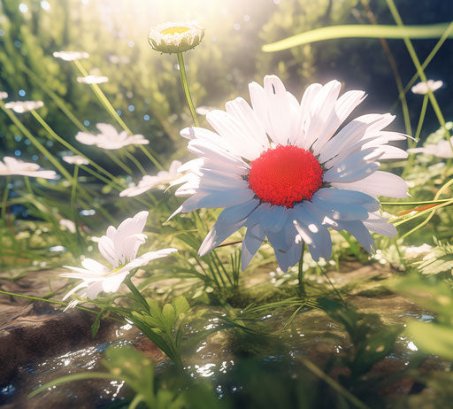 A white daisy in the grass, styled like sunrays, visually poetic