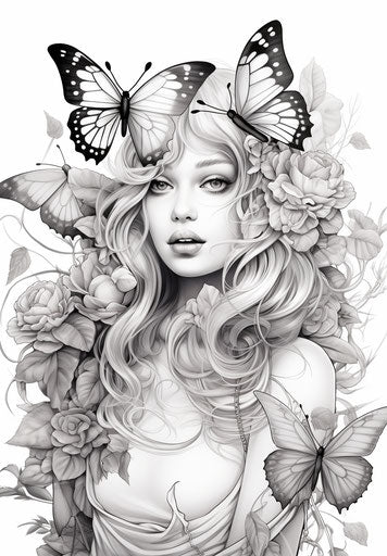 Winged woman and butterflies coloring page, fairycore style