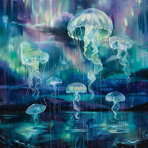 Jellyfish under the northern lights, sea and sky blend