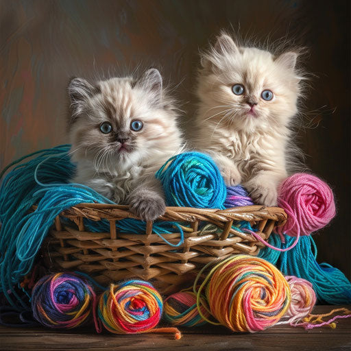 Two Himalayan kittens playing in a basket of colorful yarn