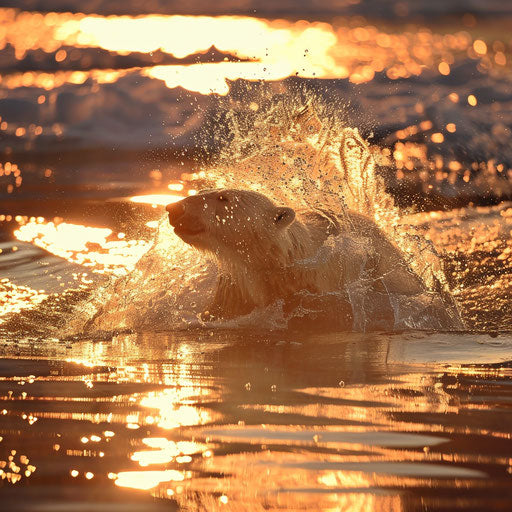 Polar bear diving into the sea from an ice floe at dawn
