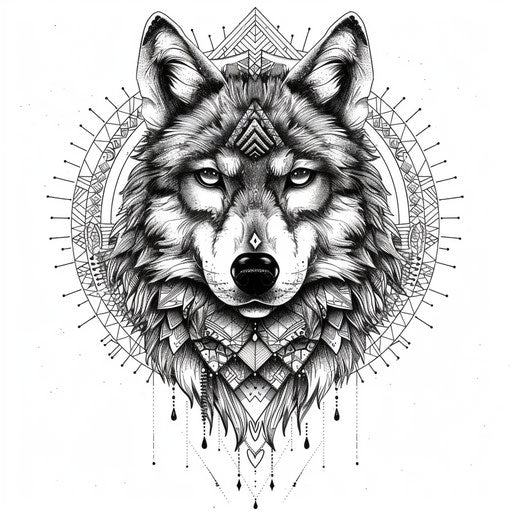 Elegant flat tattoo sketch of a geometric wolf with lace