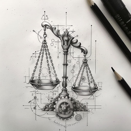Flat industrial tattoo sketch of a balance scale with gears