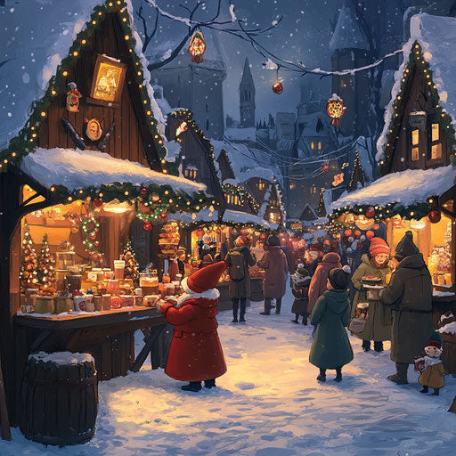 Animated Christmas market with hot chocolate and trinkets