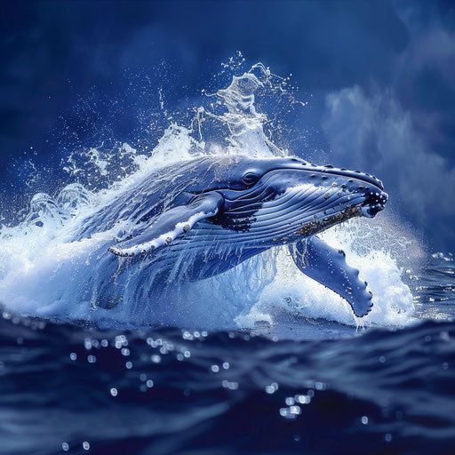 Blue whale surfacing with water splashing