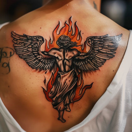 Flaming guardian angel, symbolizing protection on white background