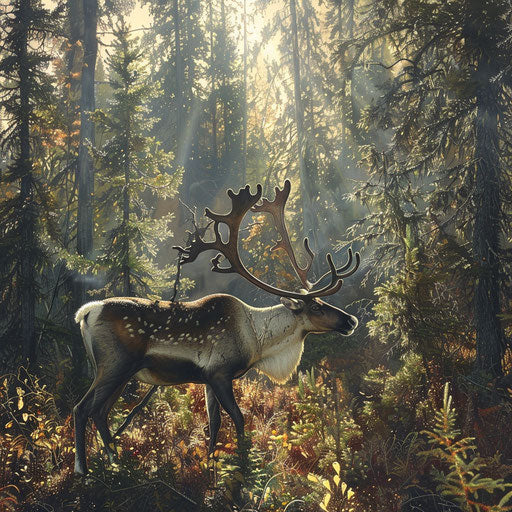 Woodland caribou foraging in ancient boreal forest underbrush